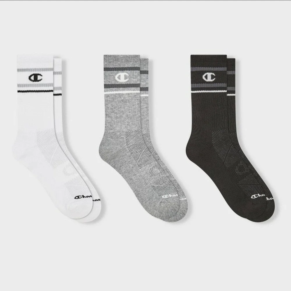 Champion Kids 3 Pair Crew Socks Sport Performance Cushion Small White Grey Black